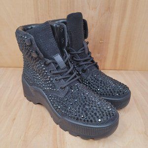 Michael Kors Womens Combat Boots Size 7 M Shane Black Rhinestone Sequins